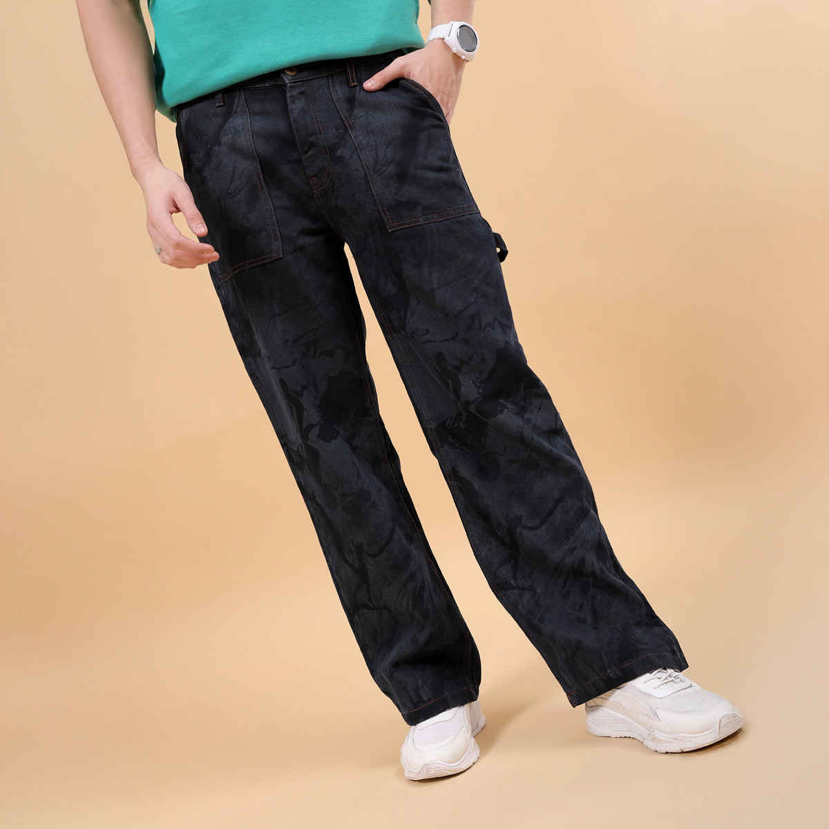 The Indian Garage Co Men's G371 Baggy Fit Solid Casual Jeans | Dark Blue | 34