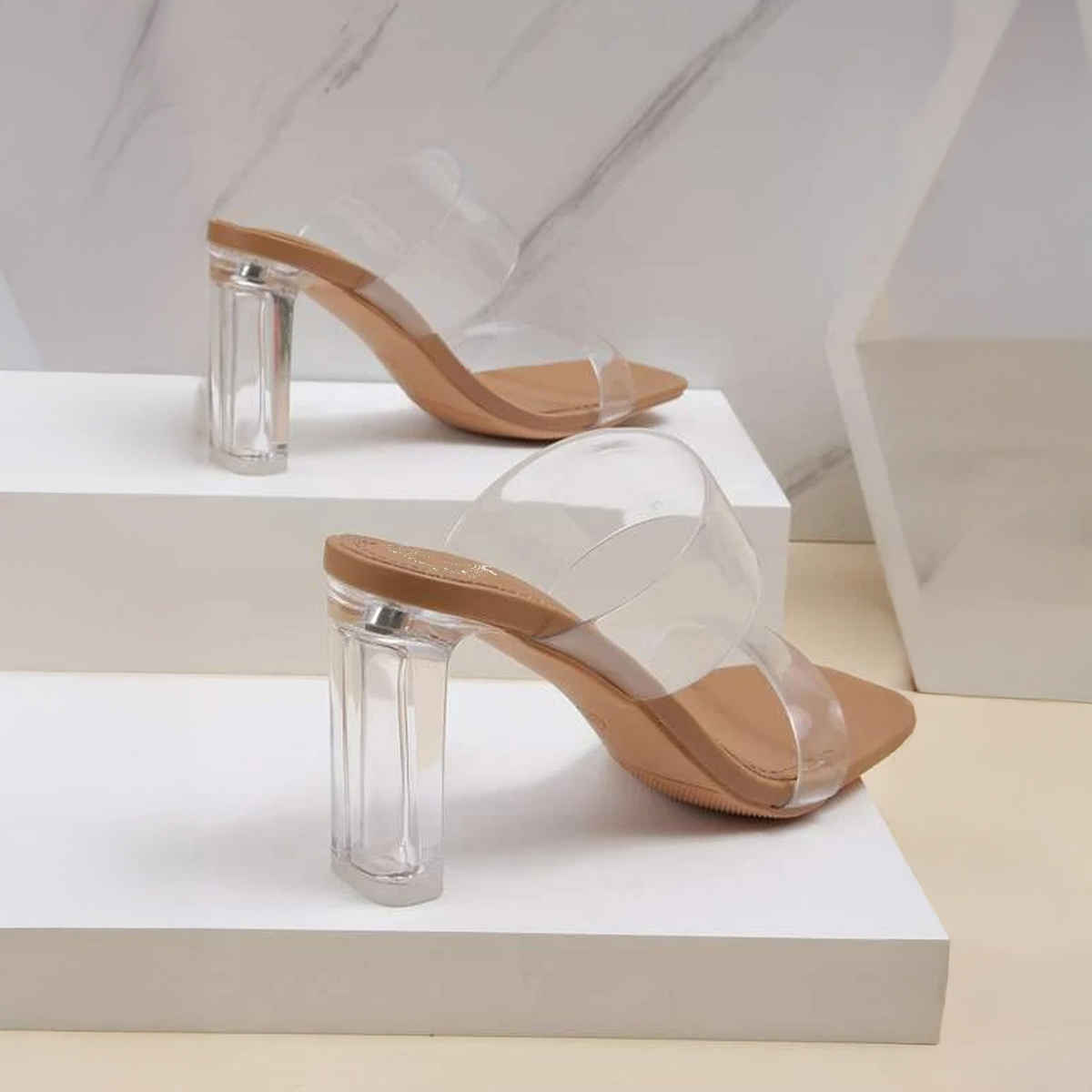 Shoetopia Stylish Trasparent Detailed Beige Block Heels For Women | UK 2