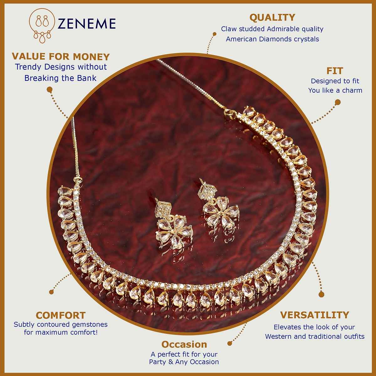 Zeneme Gold-Toned & Plated American Diamond Studded Jewellery Set For Women & Girls