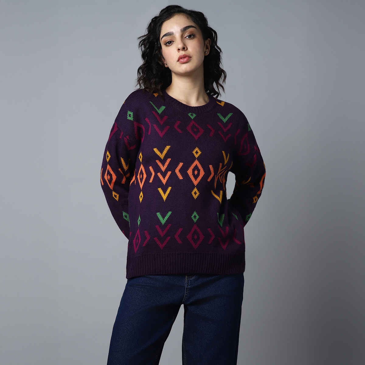 High Star Women's Geometric Printed Pullover | Purple - XL