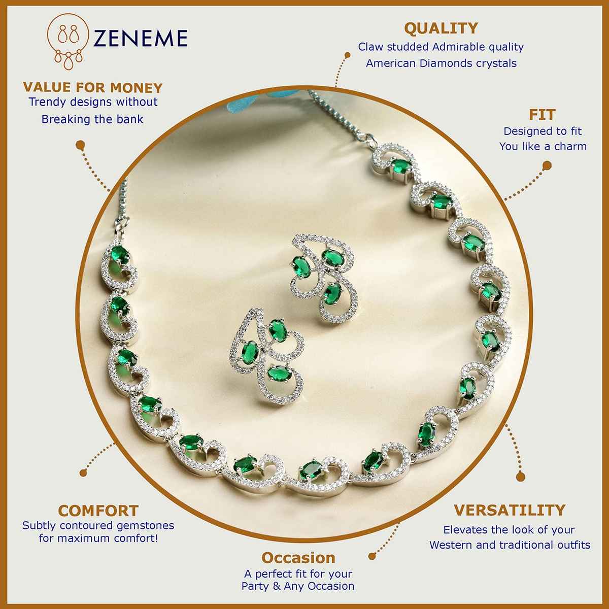 Zeneme Rhodium-Plated Silver-Toned Green American Diamond Necklace Set & Earrings For Women & Girls