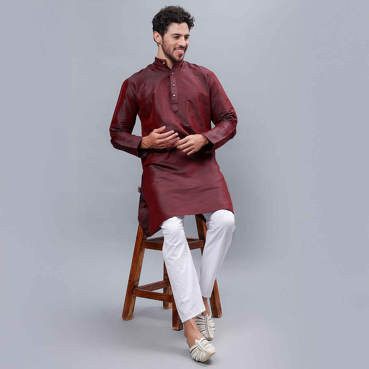 Mad Over Print Men's Silk Blended Kurta | Maroon - M