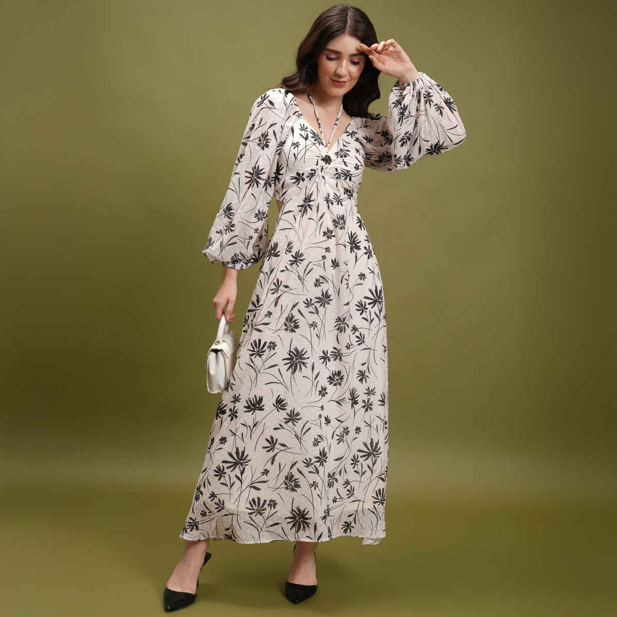 Tokyo Talkies Women's Floral Printed Tie Up Neck Puff Sleeve Cut Out Maxi Dress | Off White - L