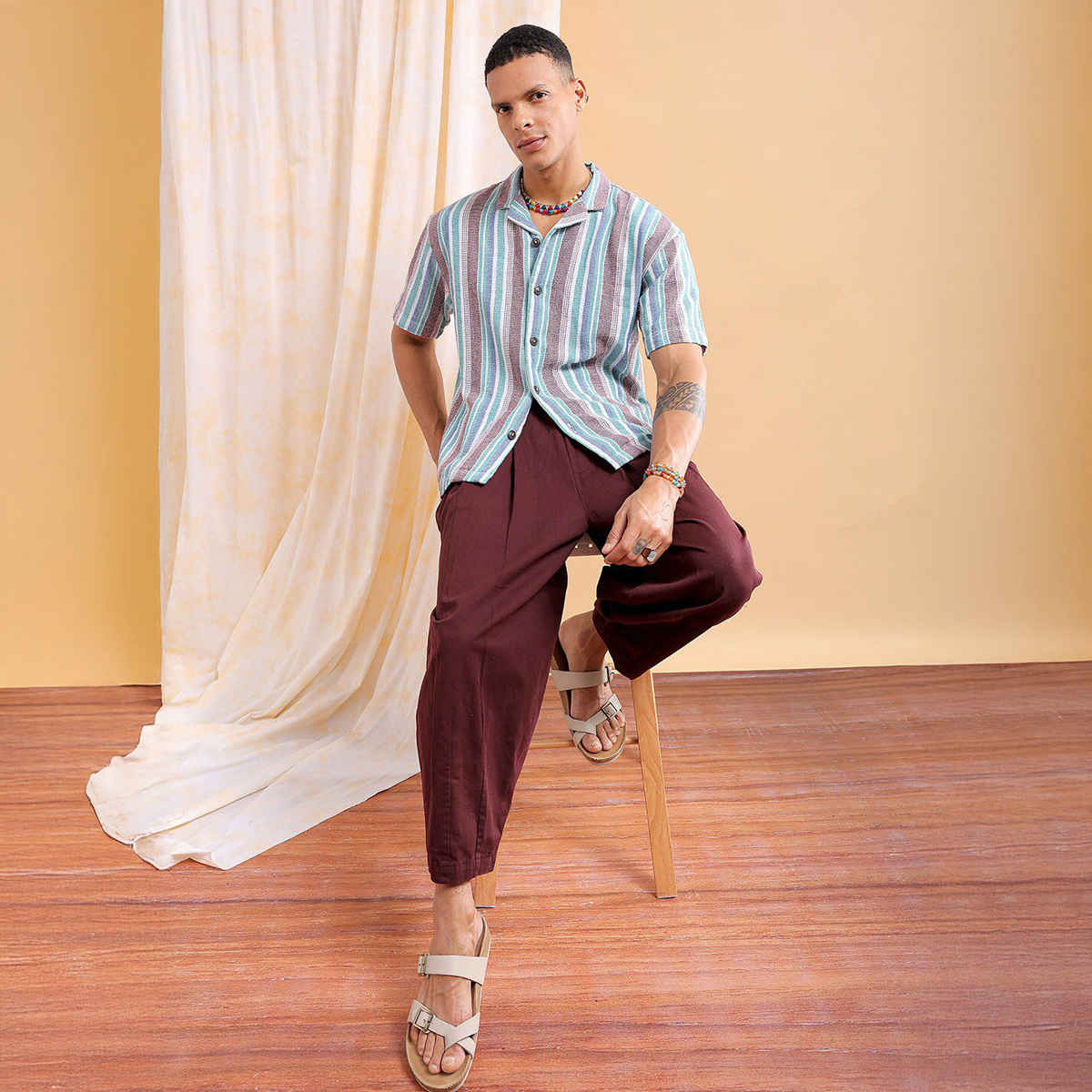 The Indian Garage Co Men's Relaxed Fit Striped Resort Half Sleeve Shirt | Maroon - S