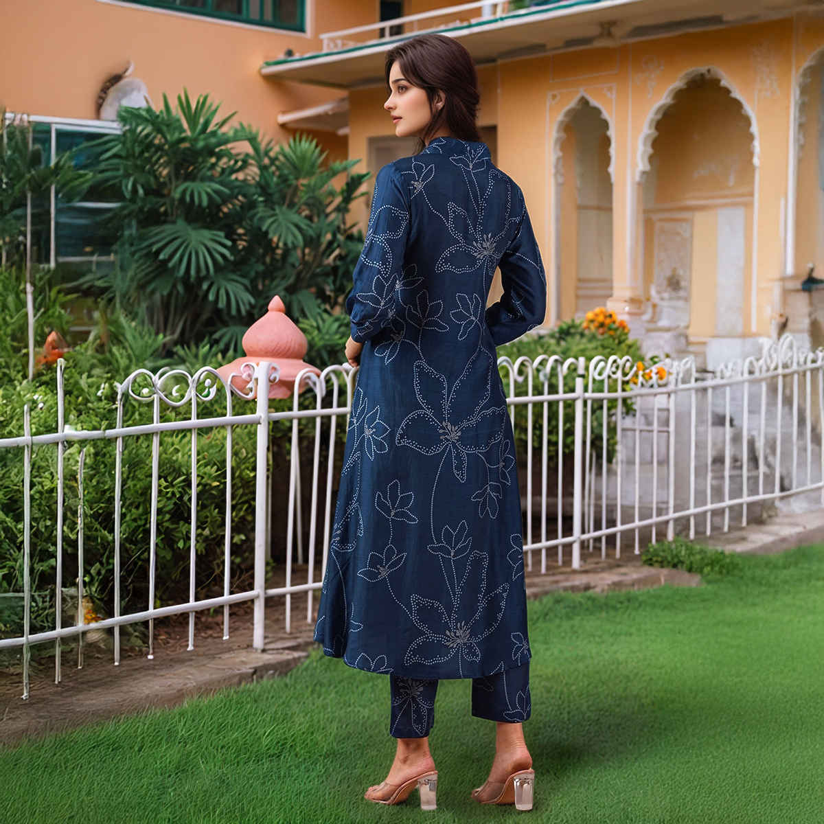 GoSriKi Women's Viscose Rayon Anarkali Printed Kurta with Pant | MARUP | Blue - XL