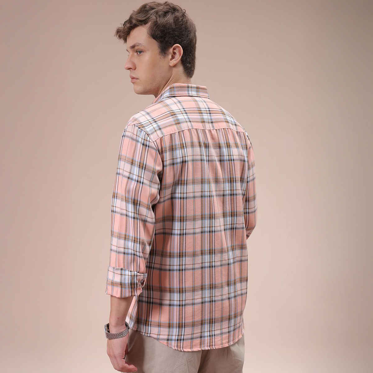 The Indian Garage Co Men's Slim Fit Checkered Casual Shirt | Pink - M