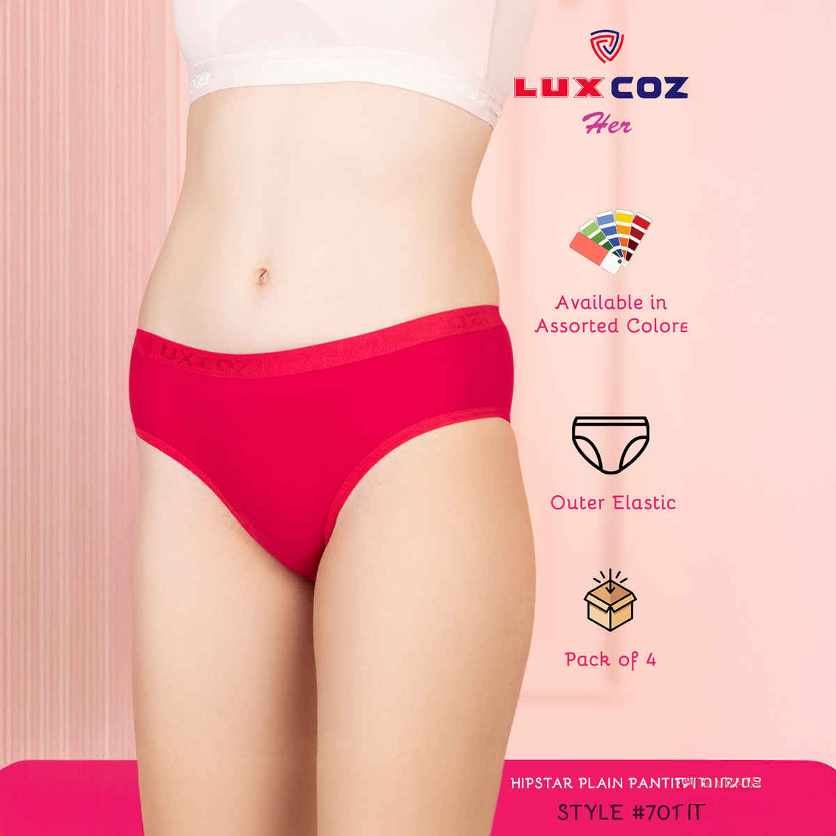 Lux Cozi Her Pure Cotton Hipster Panty | Multicolor | Size-90 | Pack Of 4