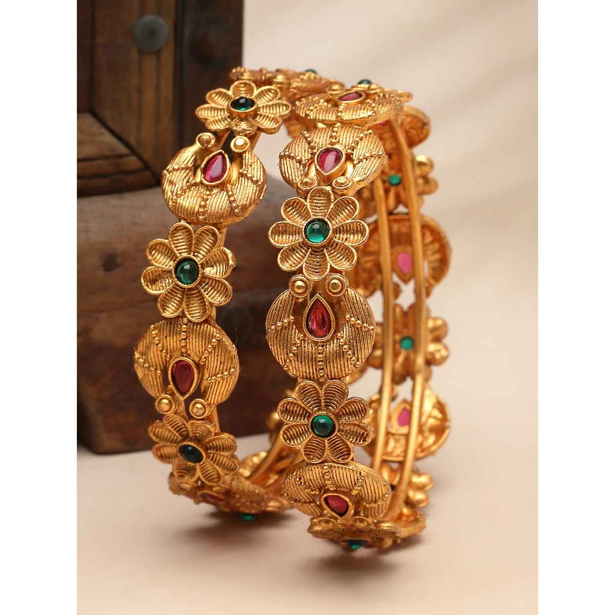 Sukkhi Eye-Catchy Gold Plated Red And Green Kada Bracelet Bangle for Women & Girls - 2.4