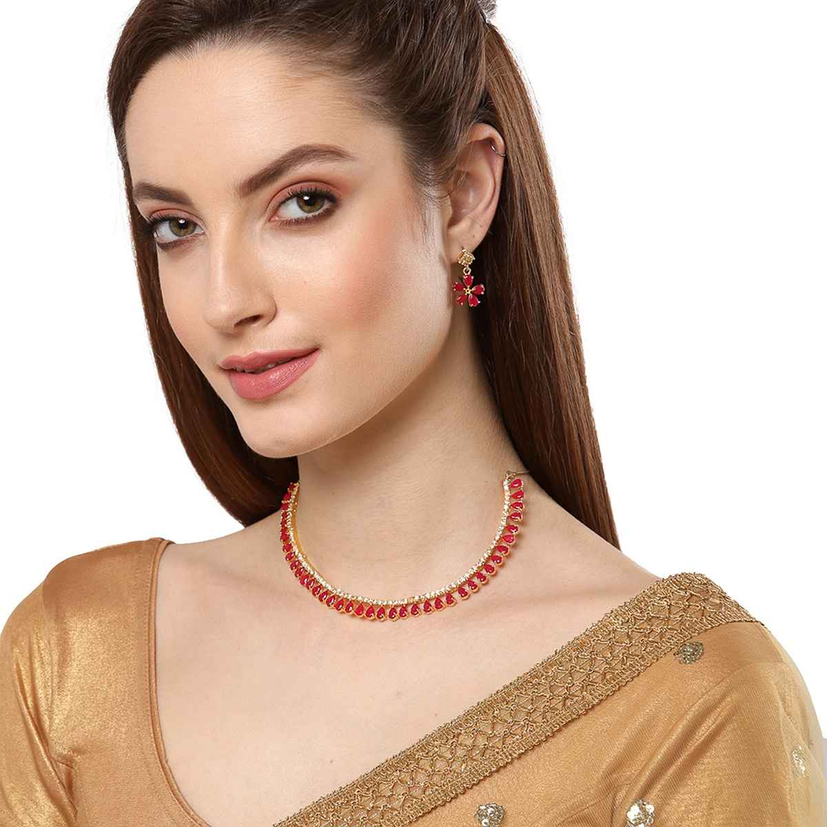 Zeneme Gold-Plated Red American Diamond Studded Necklace With Earring Set For Women & Girls