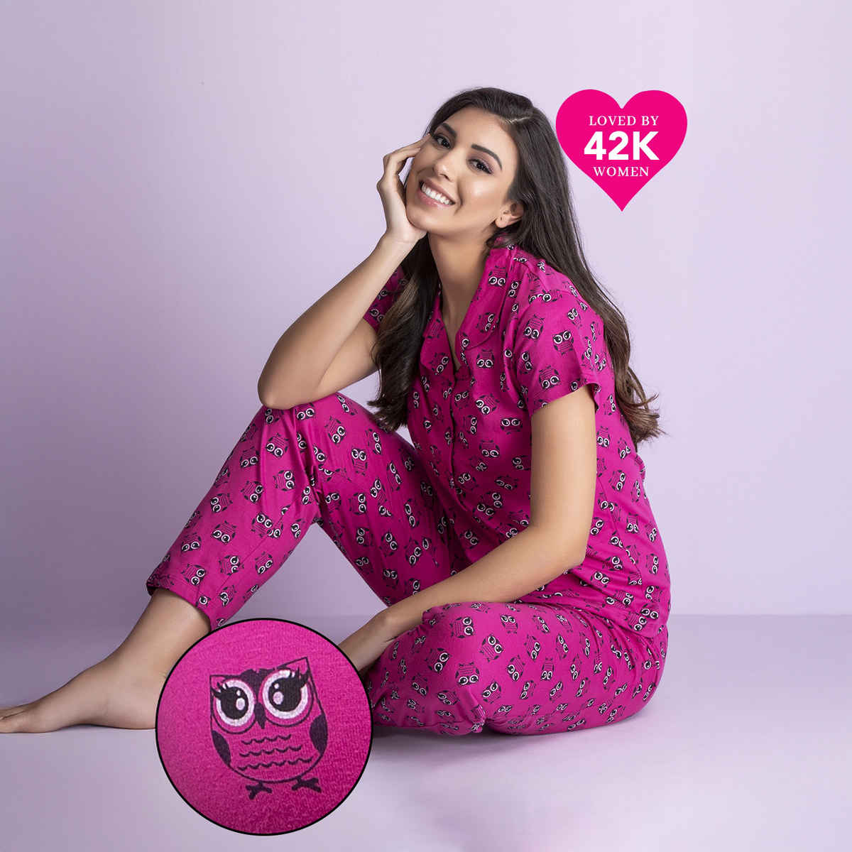 Clovia Owl Print Button Down Shirt & Pyjama Set - Cotton Rich(Magenta - Xl)