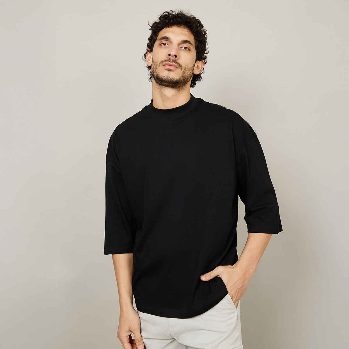 Styli Men's 3/4 Sleeve Drop Shoulder T-shirt with Cartoon Print | Black - XL