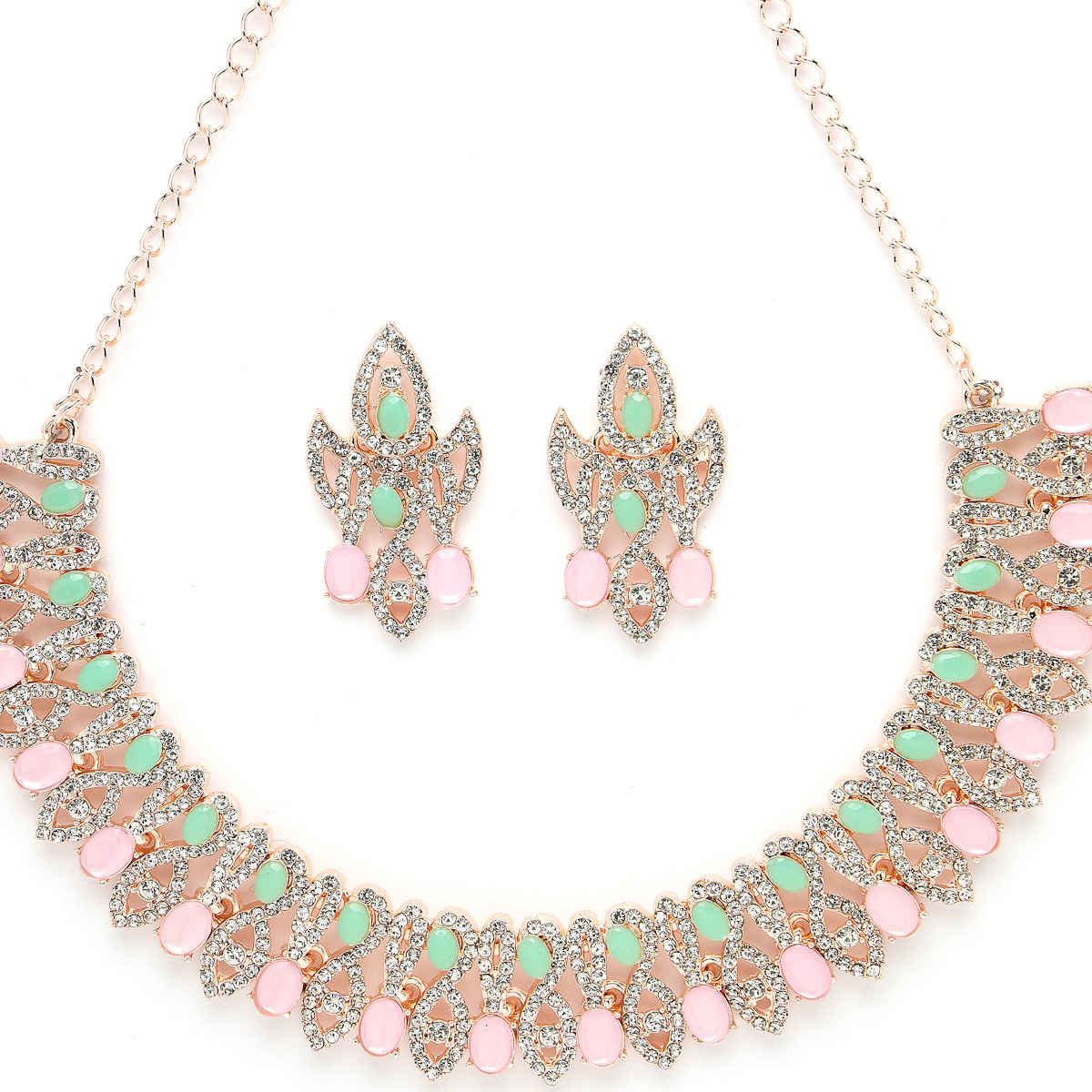 Sukkhi Drop-Dead Gold Plated Pink & Mint Green Stone Studded Choker Necklace Set