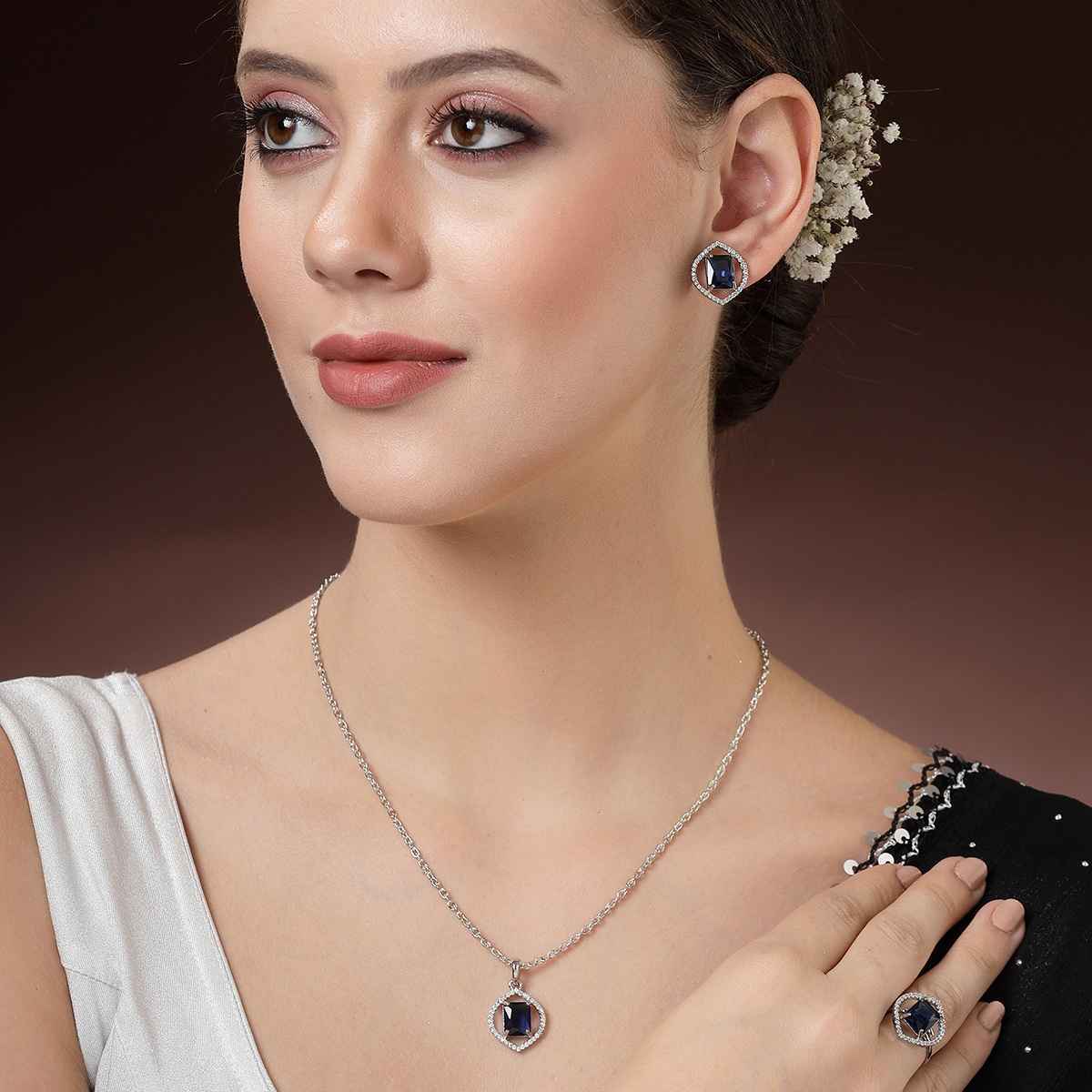 Zeneme Silver Plated AD Studded Marquise Halo Necklace and Earrings With Ring For Women & Girls