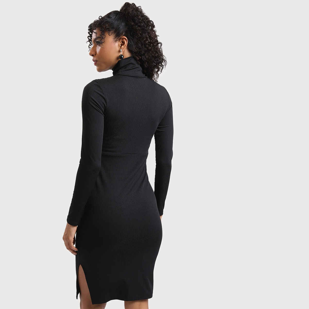 Ketch Women's High Neck Ribbed Bodycon Dress | Black - L