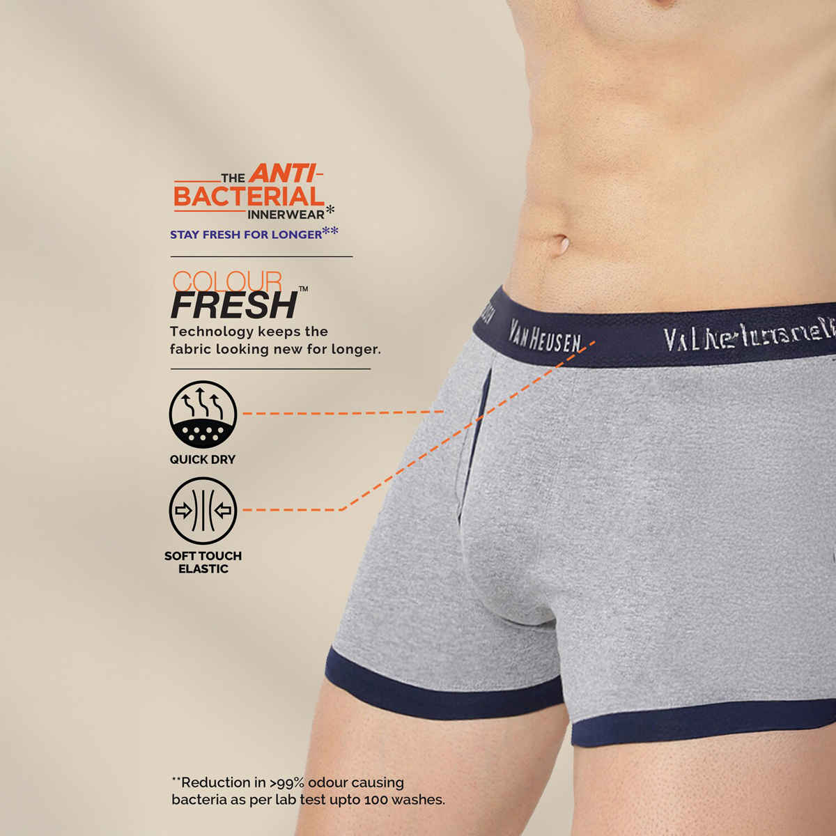 Van Heusen Apparel Men's Solid Trunks | Anti Bacterial | Grey Melange and Dark Navy - M