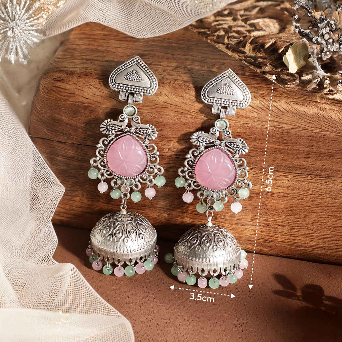 Rubans Silver-Plated Oxidised Jhumka Earrings with Pastel Pink Gemstone and Mint Green Beads