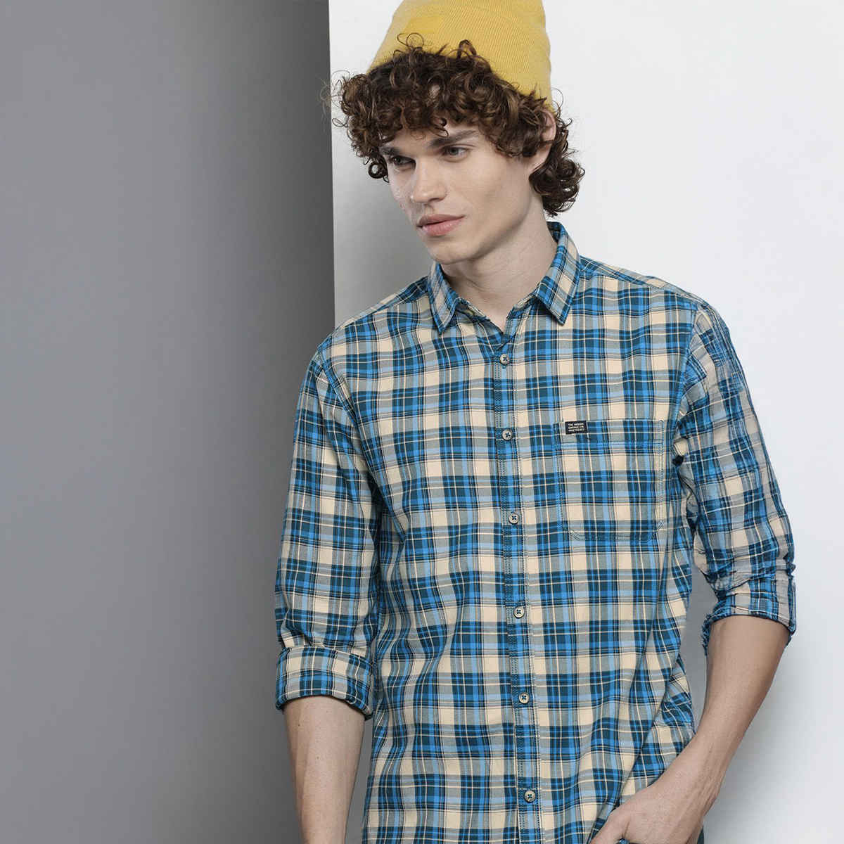 The Indian Garage Co Men's Slim Fit Checkered Casual Shirt | Blue - XL