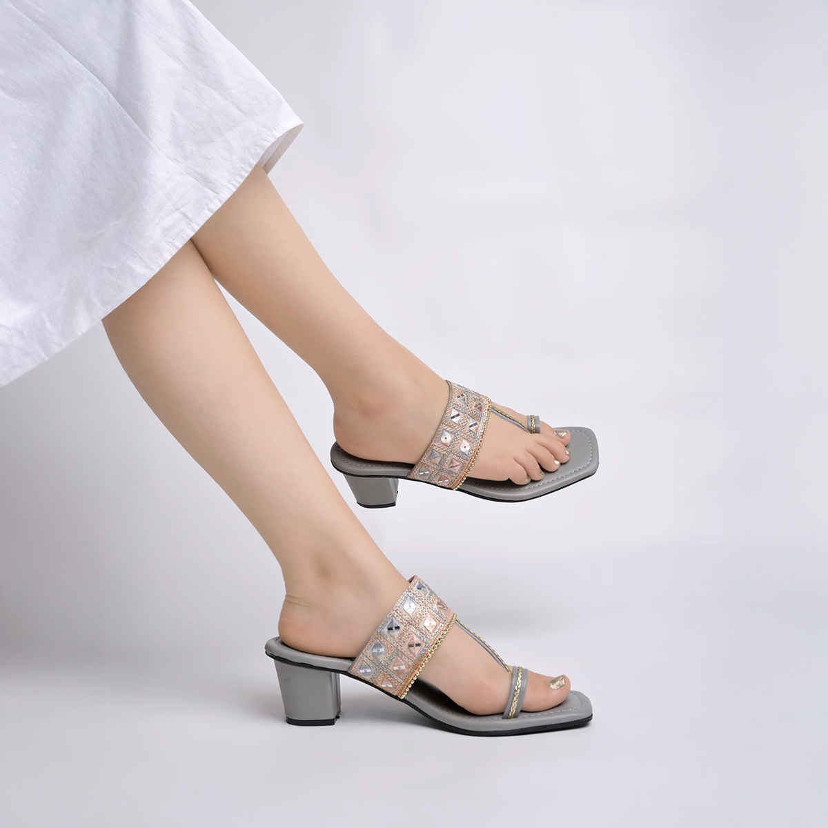 Shoetopia Classic Grey Kolhapuri Heels For Women | UK 5