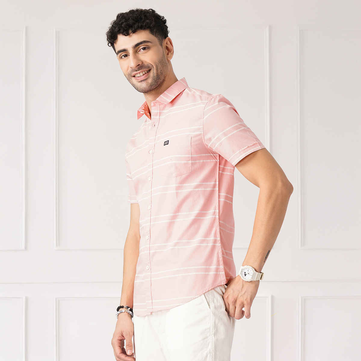 The Indian Garage Co Men's Slim Fit Striped Casual Shirt | Pink - M