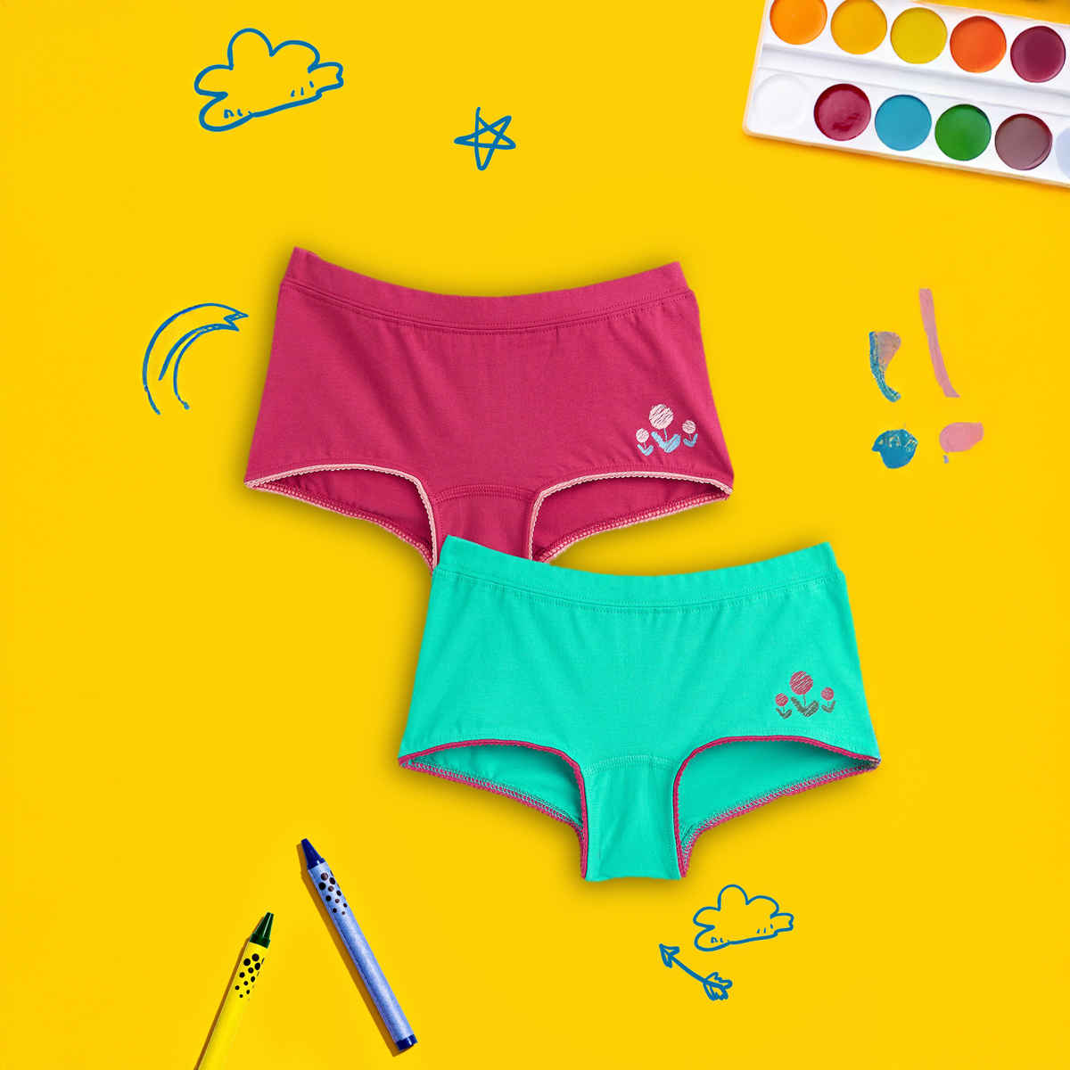 XY Life Scribbles Flowery Intellisoft Tencel Modal Boy shorts - Dark Pink+Aqua Green | Pack Of 2