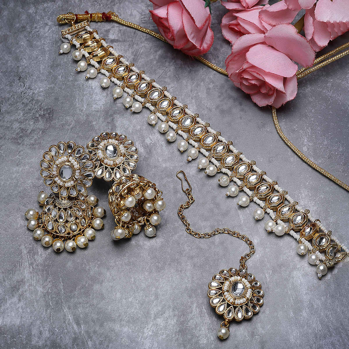 Sukkhi Heavenly Gold Plated White Kundan & Beads Studded Choker Necklace Set