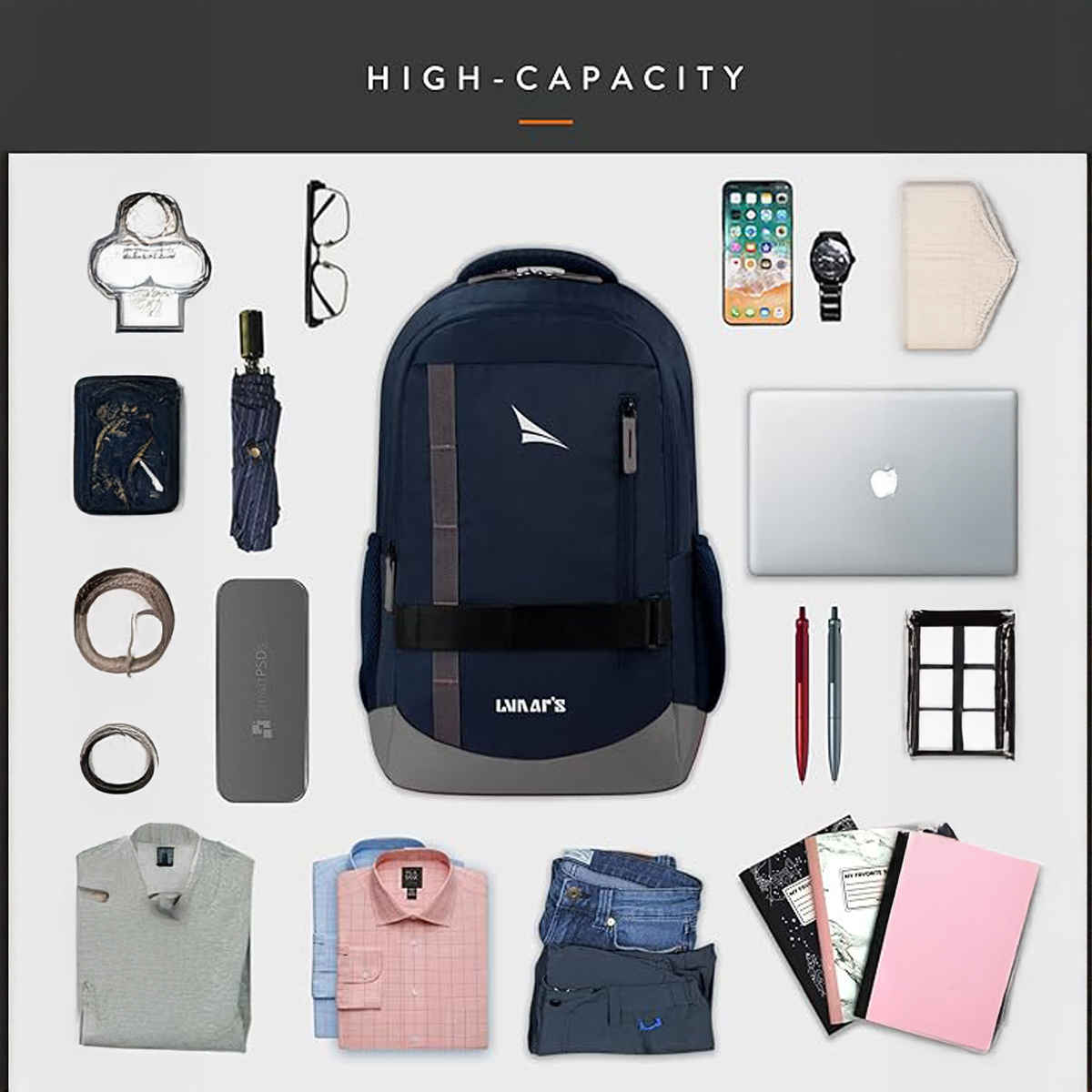 Lunar's Unisex Solid Polyester 48 L Padded Grab Handle Laptop Backpack | Navy Blue - 15.6 Inches