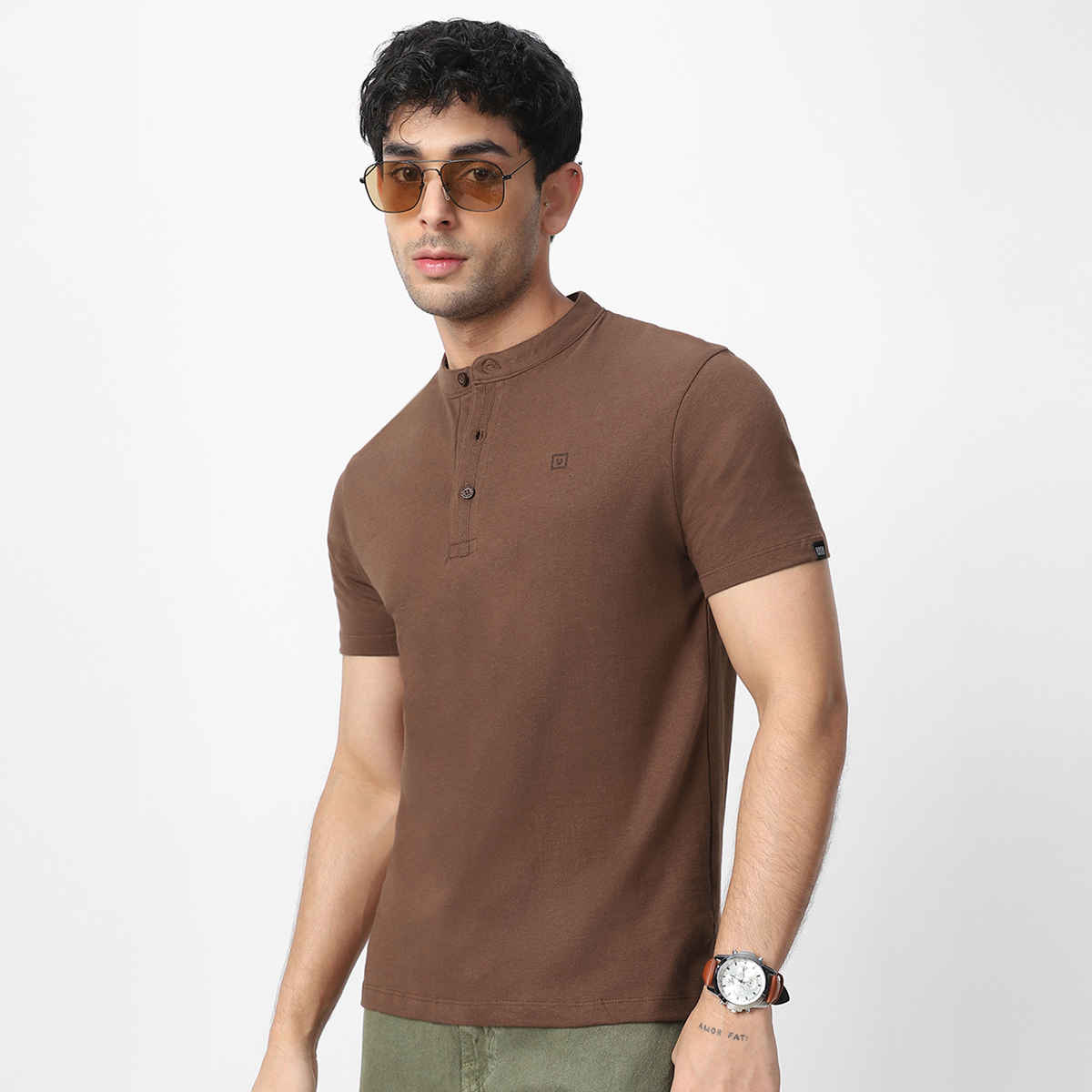 Urbano Fashion Men's Slim Fit Solid Mandarin Collar Half Sleeve Cotton T-Shirt | Cocoa Brown - XL