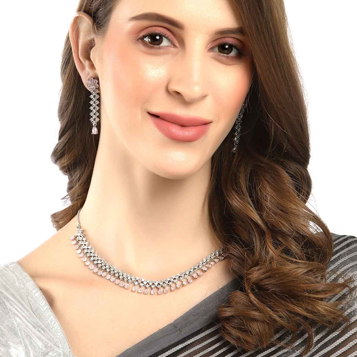 Zeneme Rhodium-Plated Pink AD-Studded Jewellery Set For Women & Girls