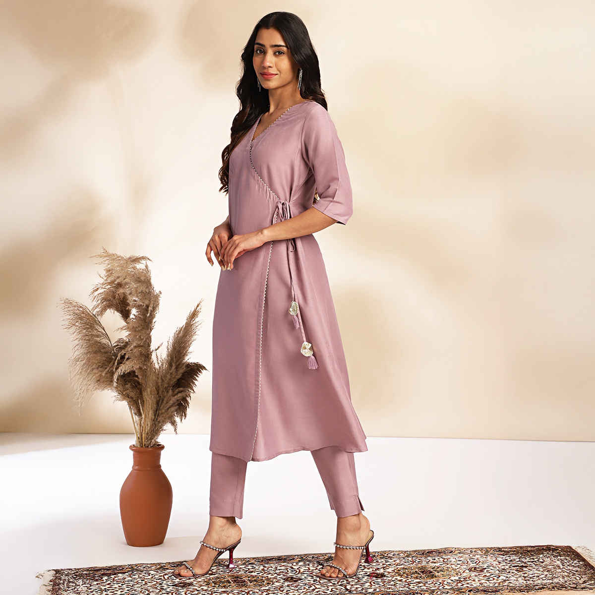 Janasya Women's Lavender Silk Blend Solid Wrap Kurta Set | M