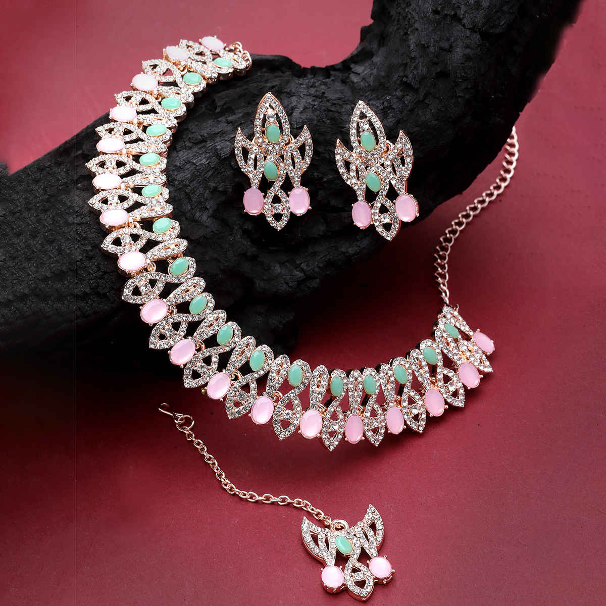 Sukkhi Drop-Dead Gold Plated Pink & Mint Green Stone Studded Choker Necklace Set