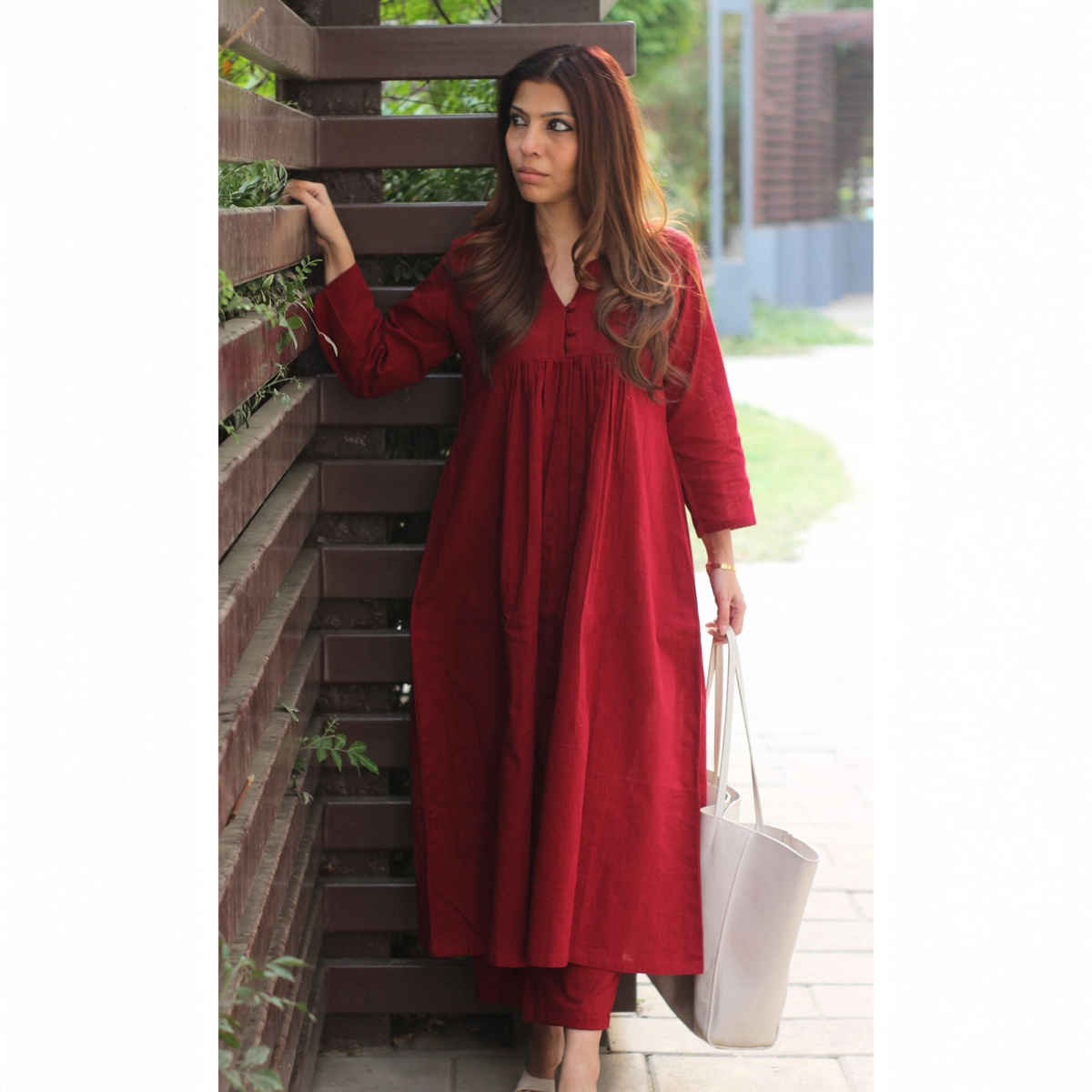 GoSriKi Women's Viscose Rayon Anarkali Solid Kurta with Pant | ANVI | Red - L