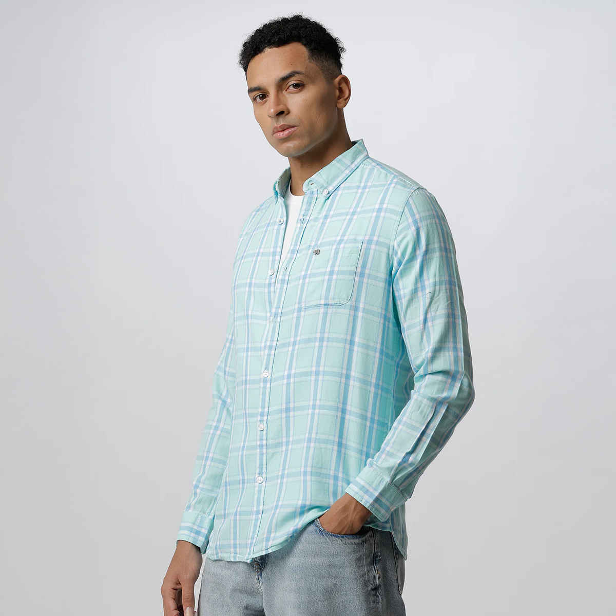 The Bear House Men Slim Fit Checked Button-Down Casual Shirt - Joan | Blue | M