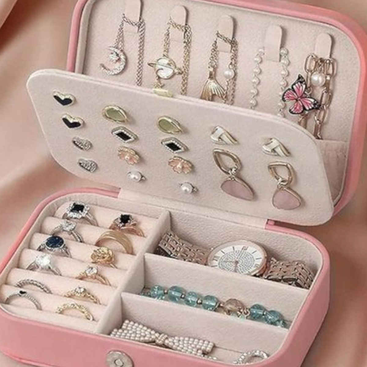 YouBella Jewellery Organiser PU Leather Zipper Portable Storage Box Case (Style 2) - Pink