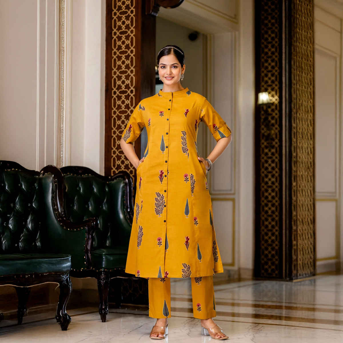 GoSriKi Women's Rayon Blend Straight Printed Kurta with Pant | BARKAT | Yellow - M