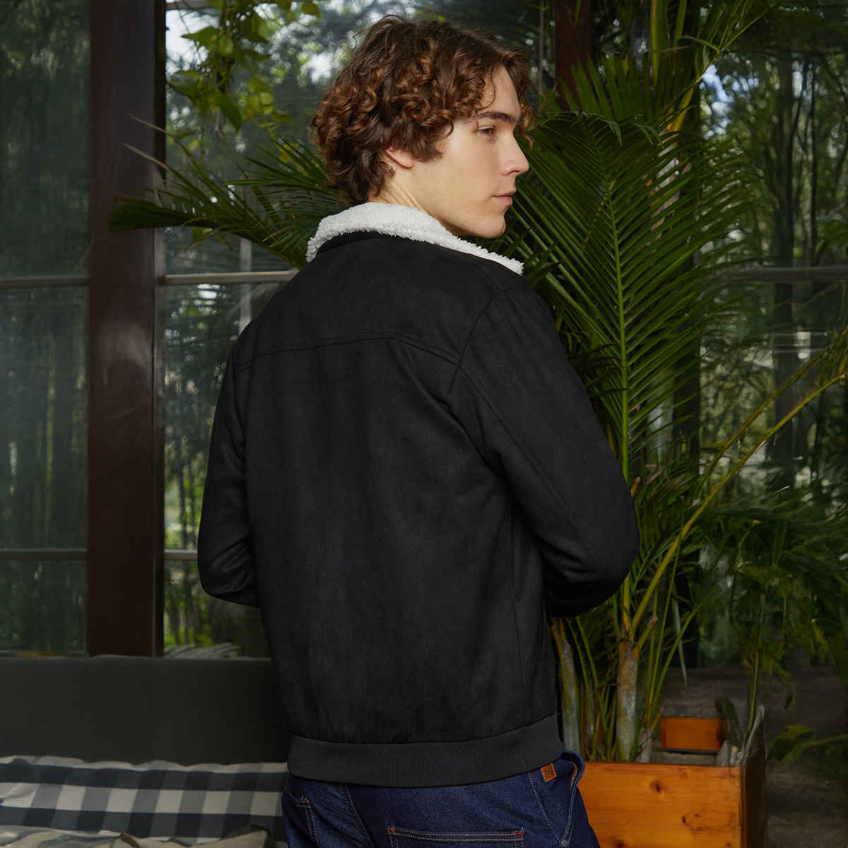 Campus Sutra Men's Fleece-Lined Bomber Jacket | Raven Black & Chalk White - L