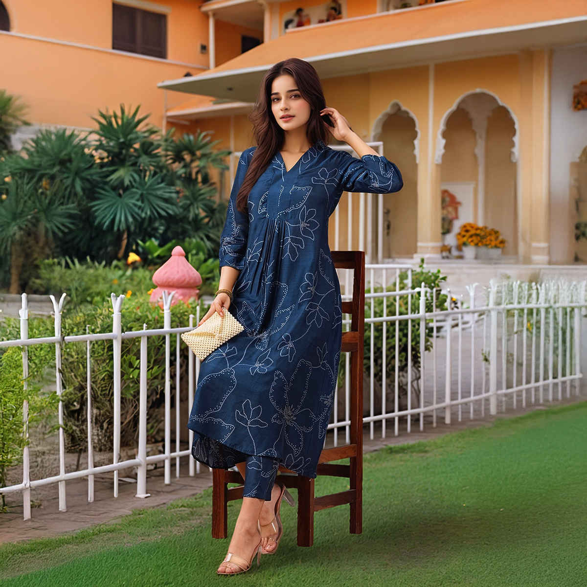 GoSriKi Women's Viscose Rayon Anarkali Printed Kurta with Pant | MARUP | Blue - M