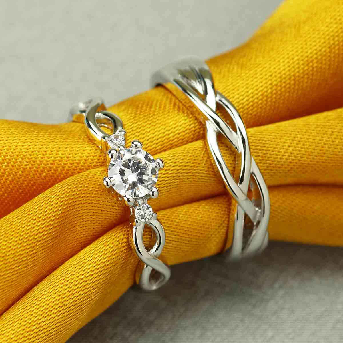 Peora Silver Plated Classic Solitaire Couple Rings Jewellery Gift Sets for Unisex