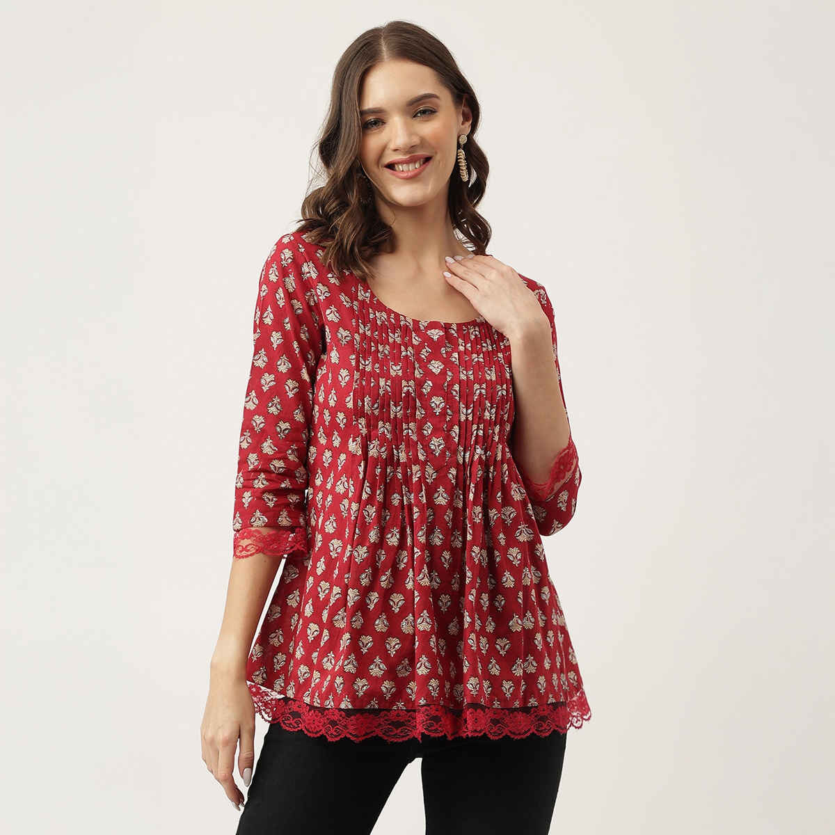 Divena Women's Floral Printed Cotton Peplum Tunic | DK0932 | Maroon | L