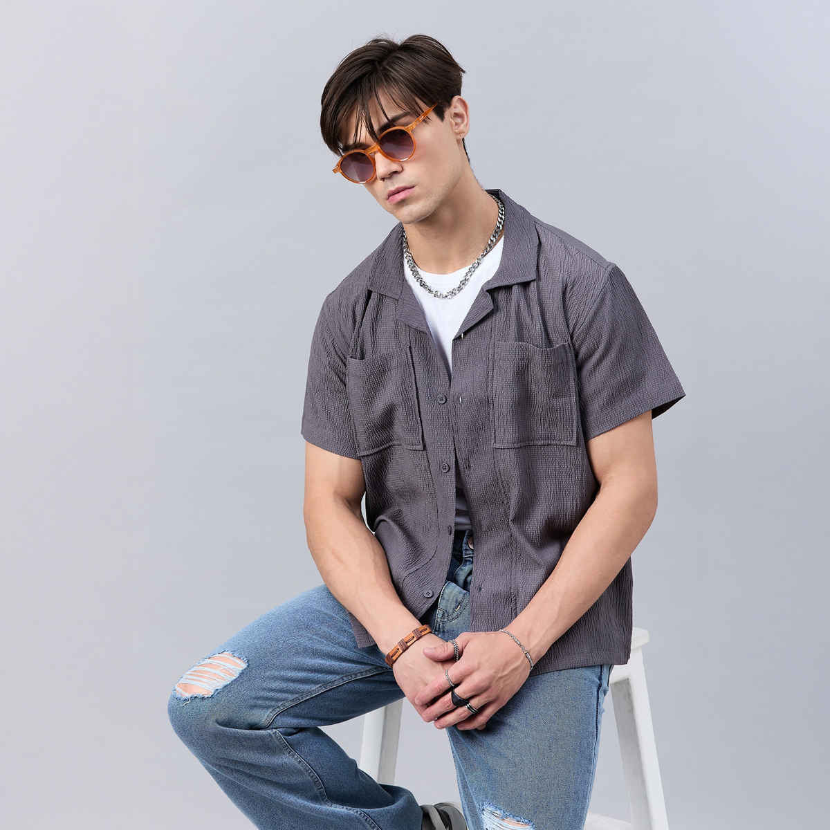 Style Quotient Men Self Design Dropped Shoulder Shirt | XL | SS24SQTIMBER - Grey