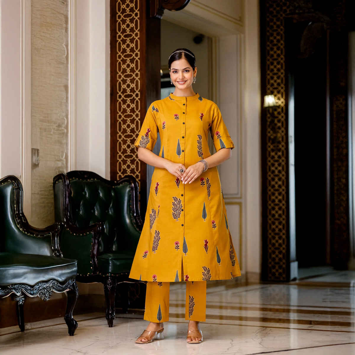 GoSriKi Women's Rayon Blend Straight Printed Kurta with Pant | BARKAT | Yellow - M