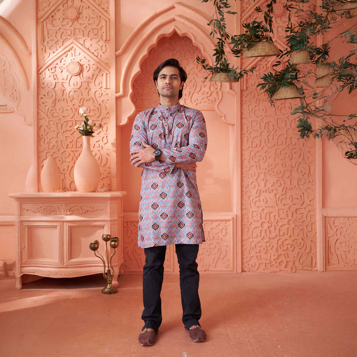 House Of Festivals Men's Printed Cotton Blend Long Kurta | Light Blue - M