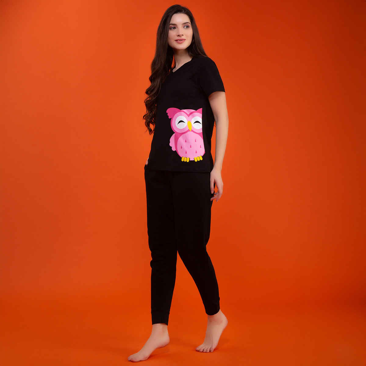 Clovia Owl Print Top & Pyjama - 100% Cotton | Black | S