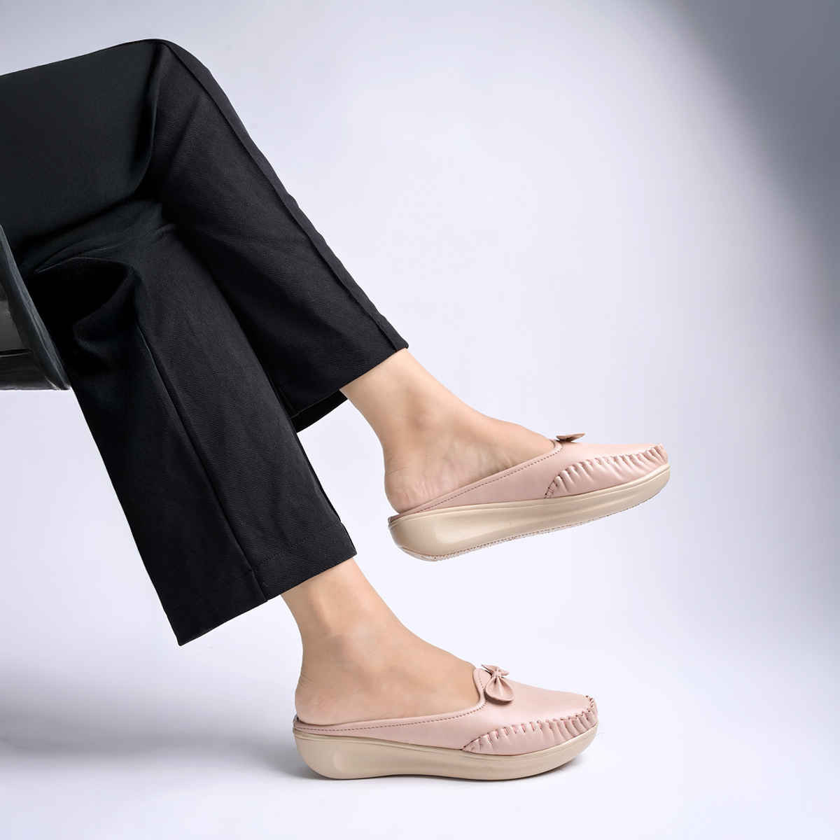 Shoetopia Upper Bow Detailed Peach Slip-On Loafers For Women | UK 5