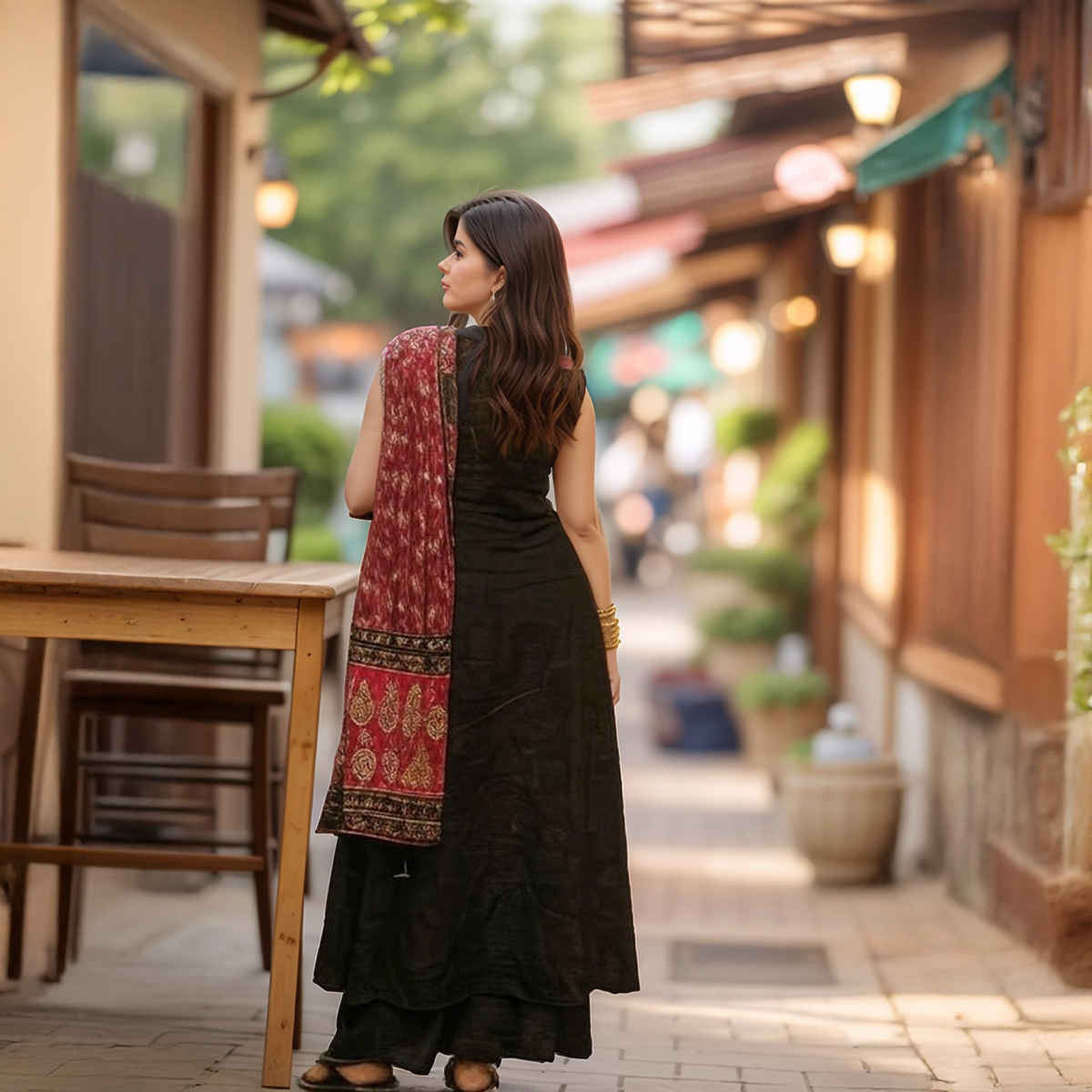 GoSriKi Women's Viscose Rayon Anarkali Solid Kurta with Pant & Dupatta | UMIKA | Black - S