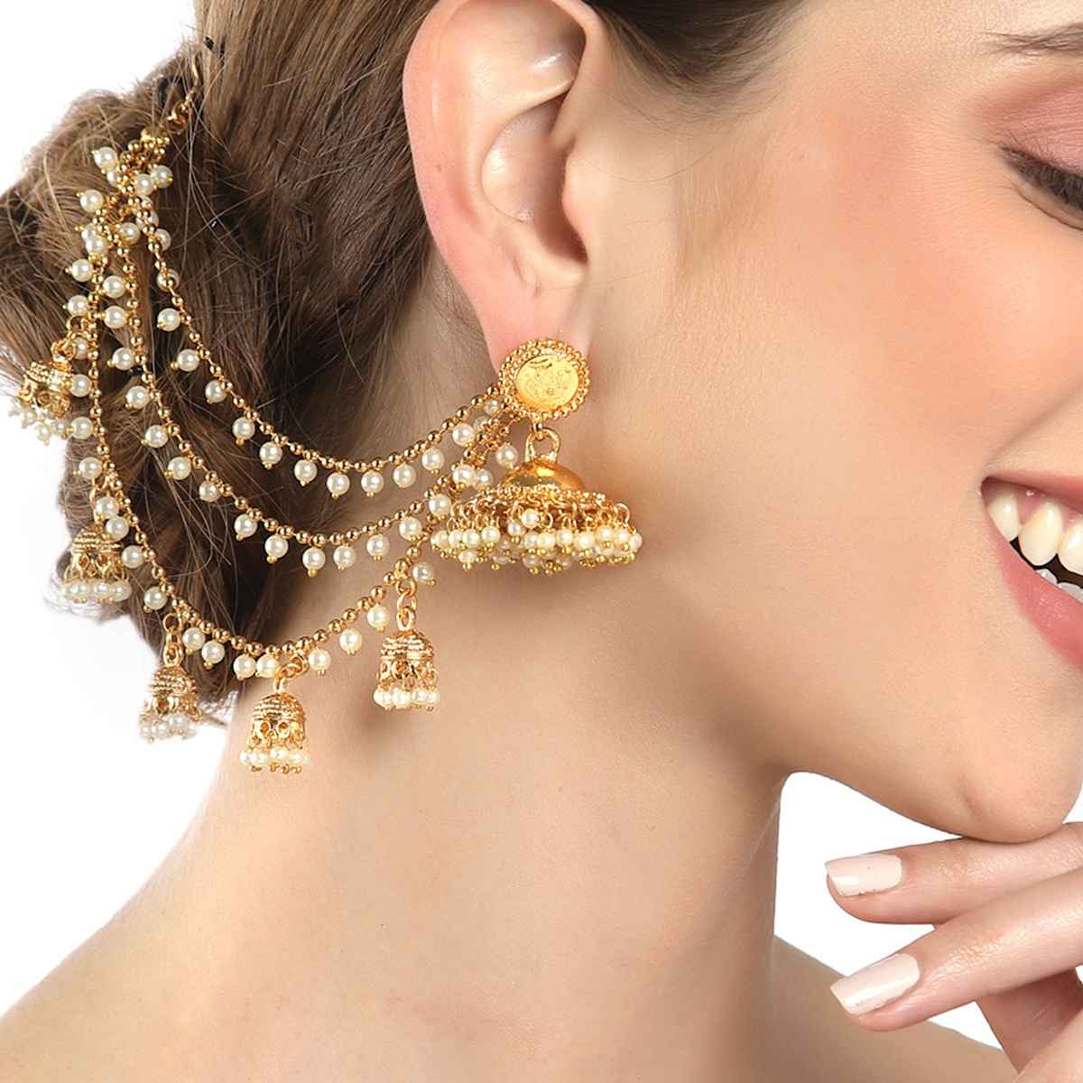 Zeneme Gold Plated Floral Ear Chain Earrings For Women & Girls