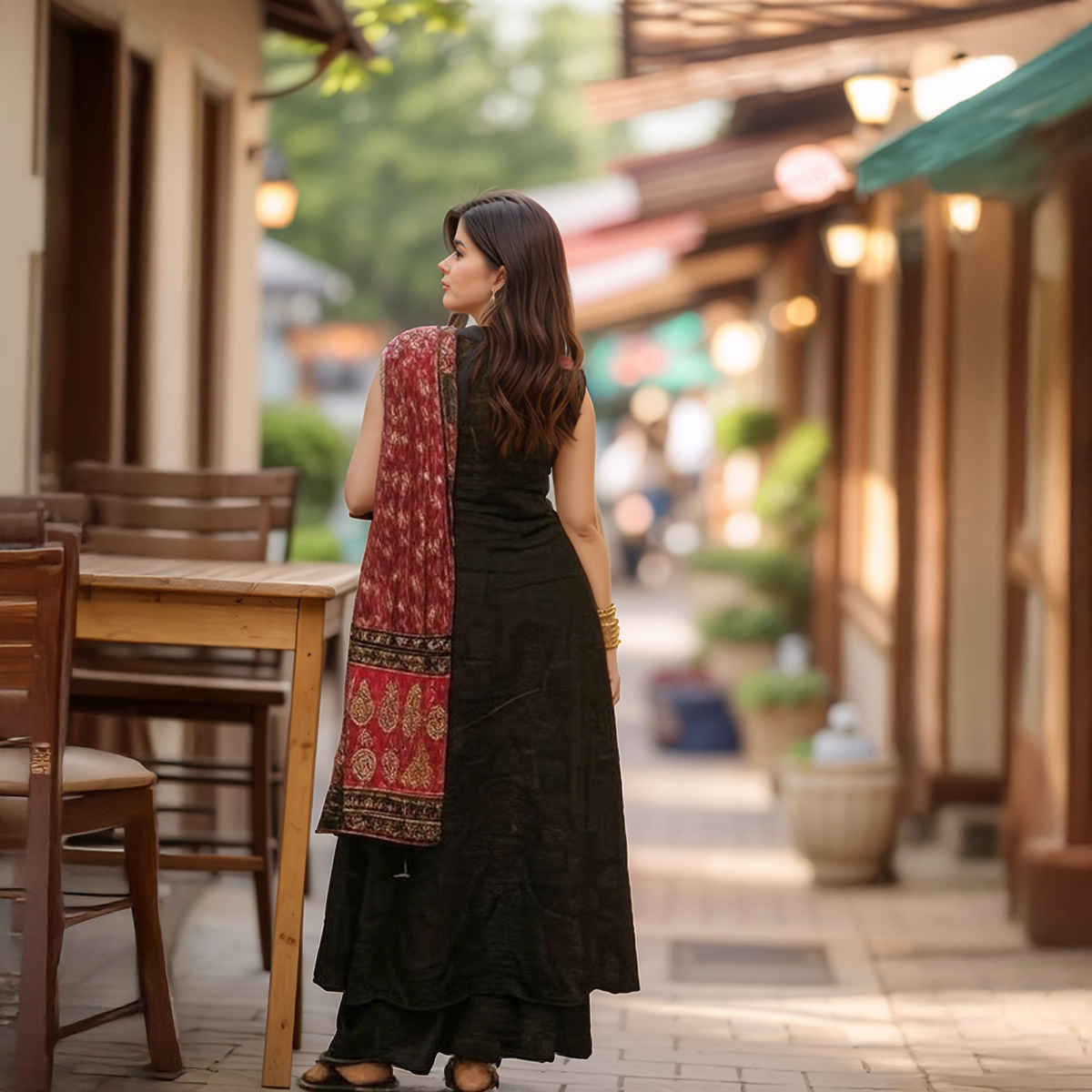 GoSriKi Women's Viscose Rayon Anarkali Solid Kurta with Pant & Dupatta | UMIKA | Black - XL