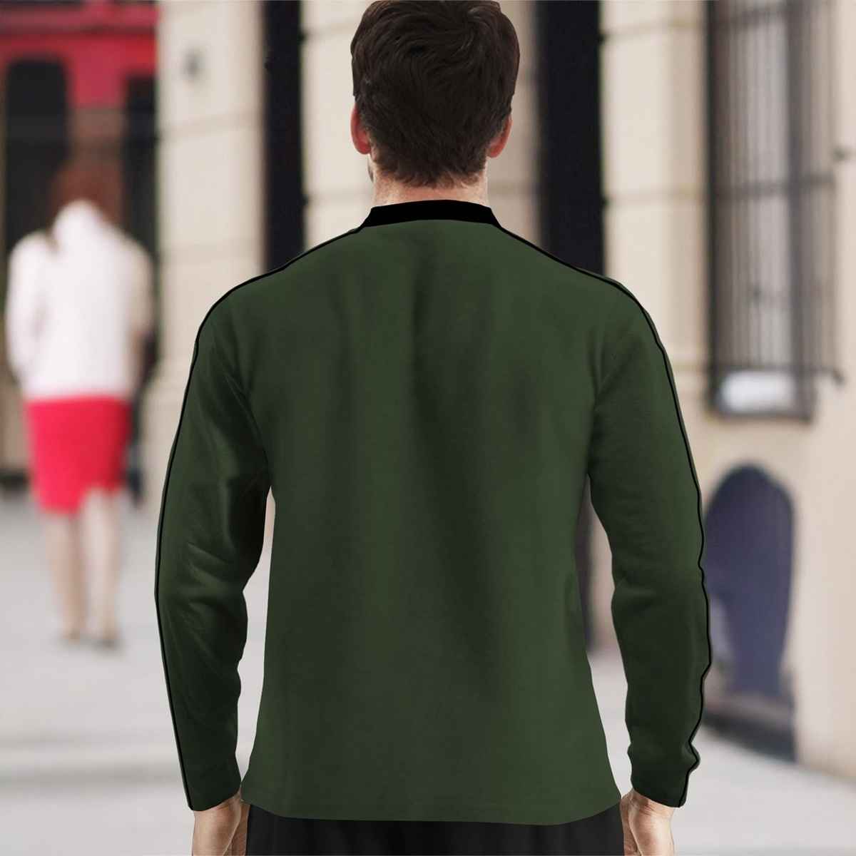 TRIPR Men Cotton Blend Mandarin Collar T-shirt | Olive Green and Black - XL