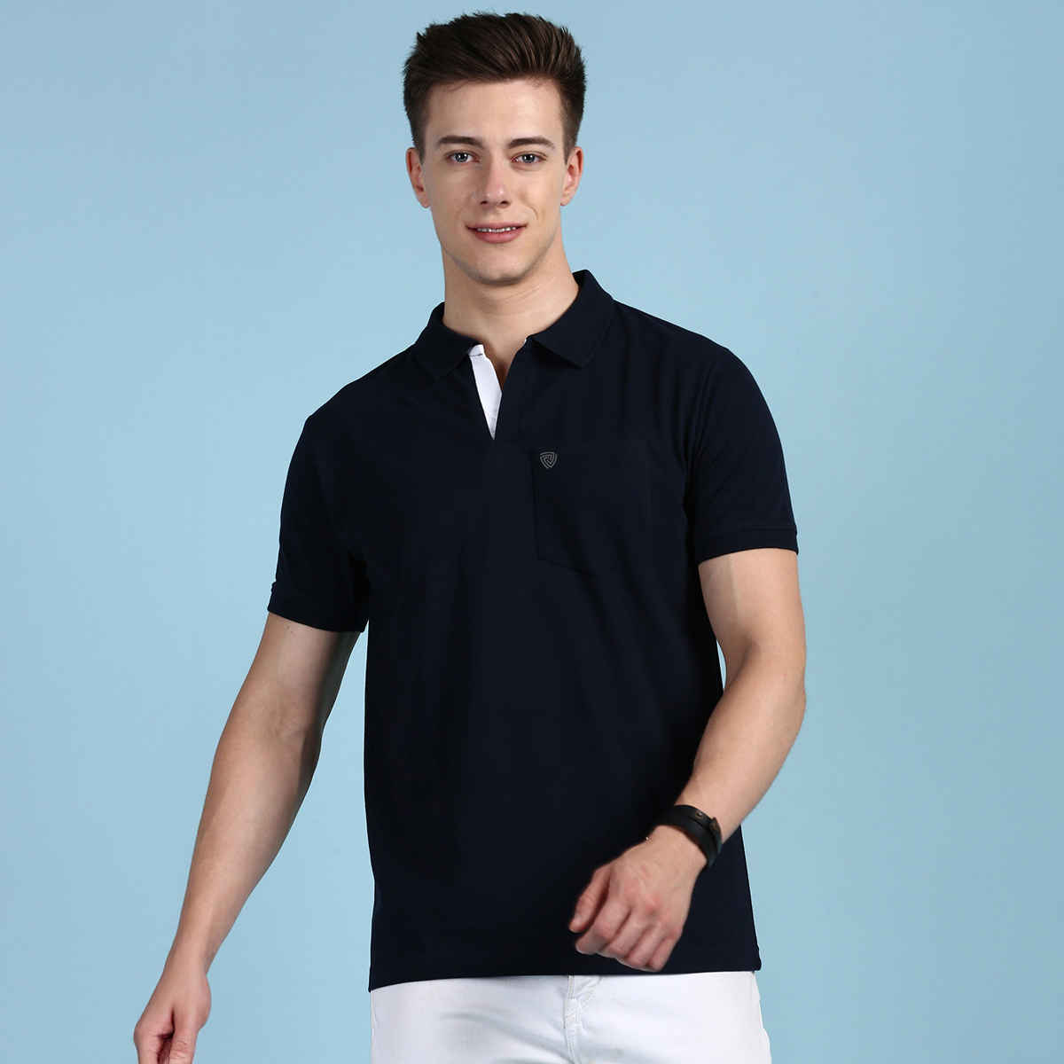 Lux Cozi Men's Solid Cotton Polo T-shirt with Pocket | Navy - L