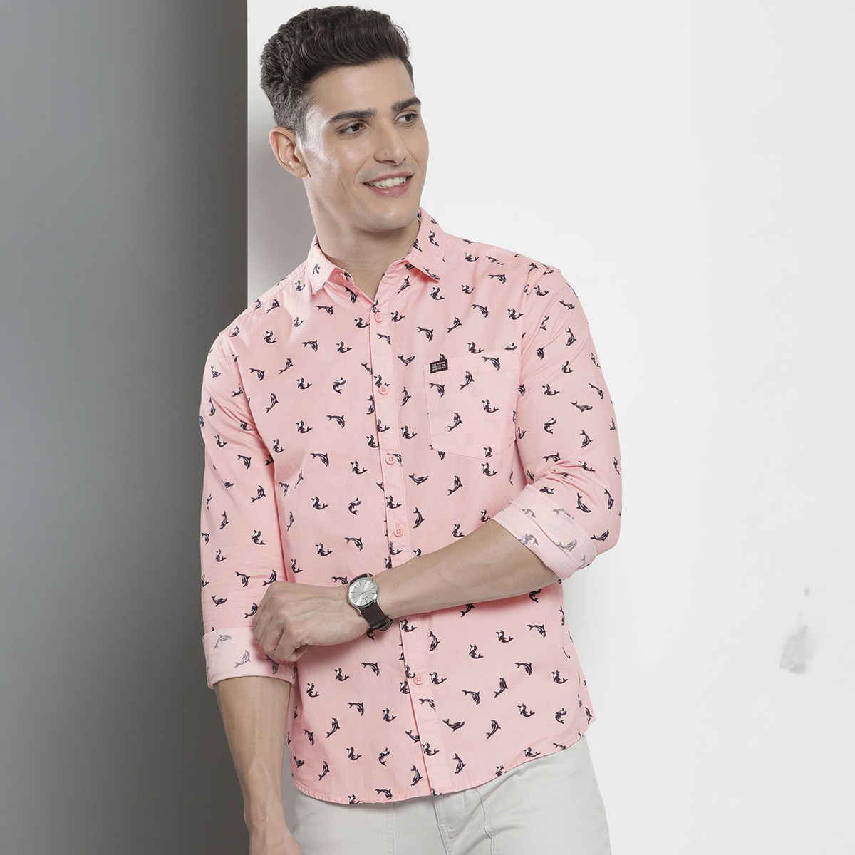 The Indian Garage Co Men's Regular Fit Aqua Print Casual Shirt | Pink - M