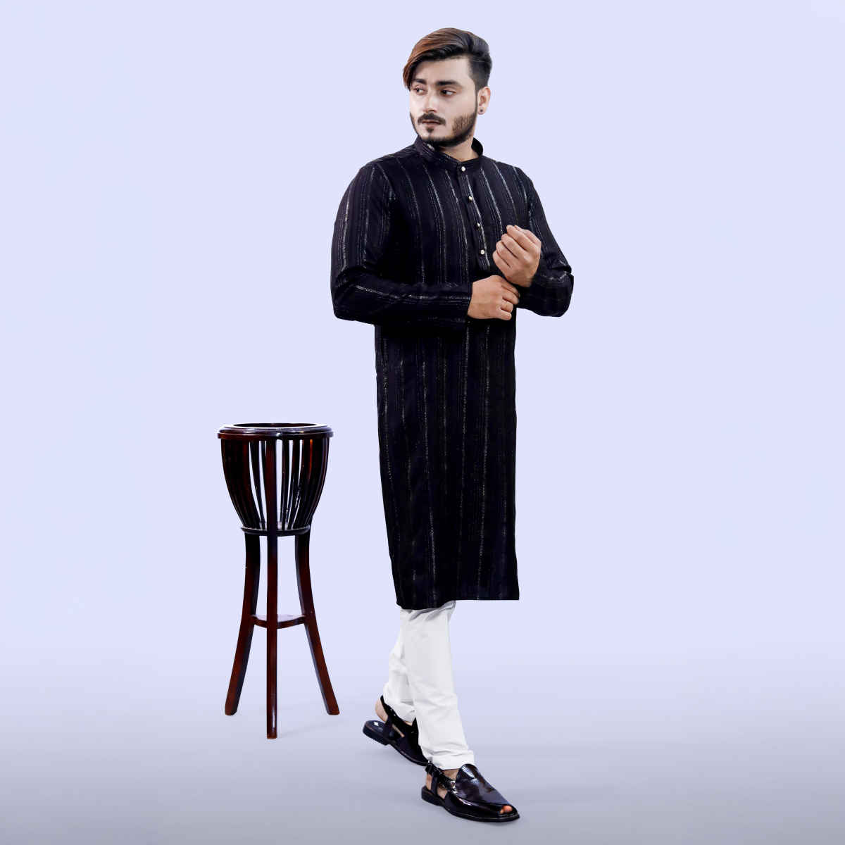 Tibra Collection Men Kurta - Black | Solid | Thin Striped | Cotton Blend | XXL